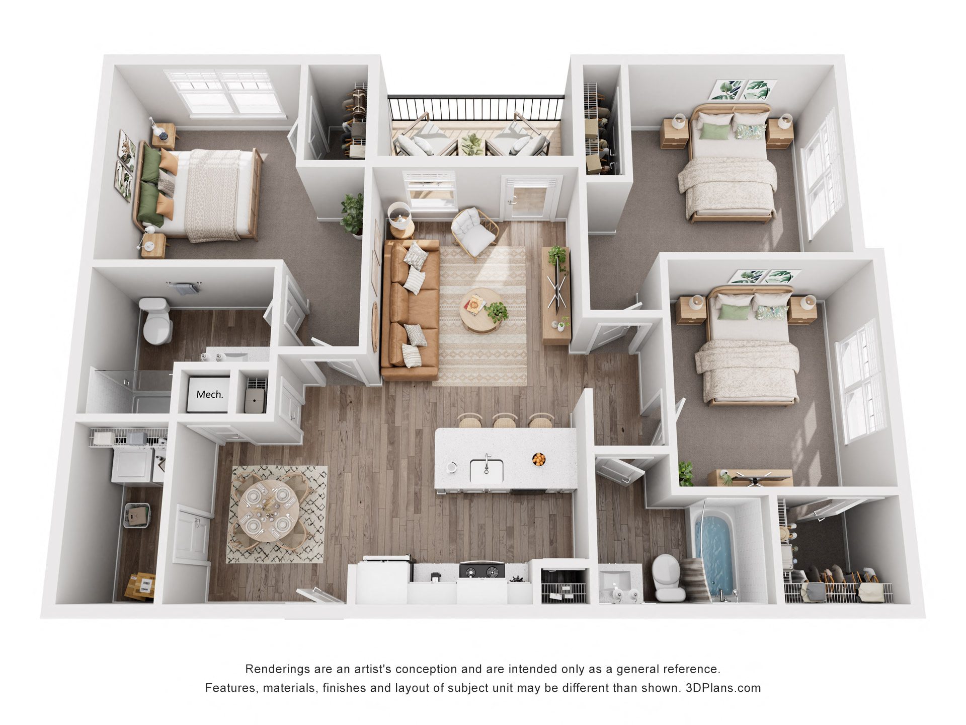 Floor plan for 3 beds, 2 baths, 1375 sqft